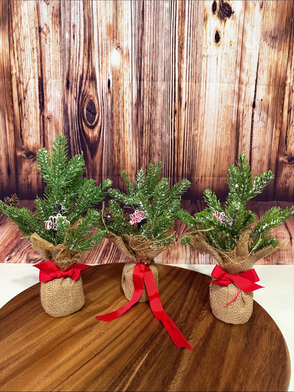 Holiday Mini Burlap Christmas Tree Trio - Red Ribbon